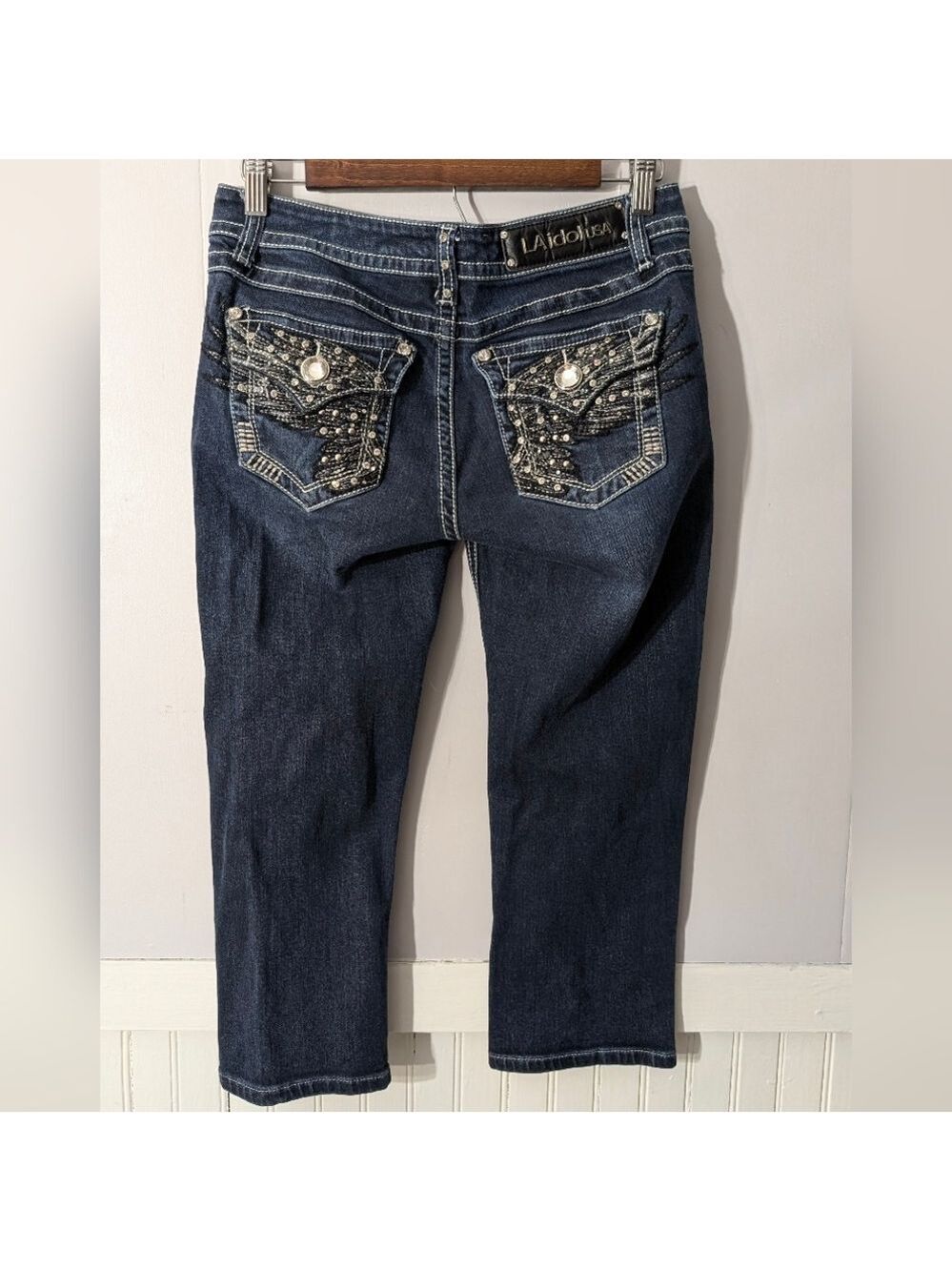 LA Idol USA Womens Capri Jeans Size 7 – Rhinestone Rose Bling Pocket